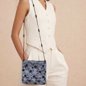 LISA VIOLETTO Black Lace Silver Satin Embellished Beaded Evening Bag Purse